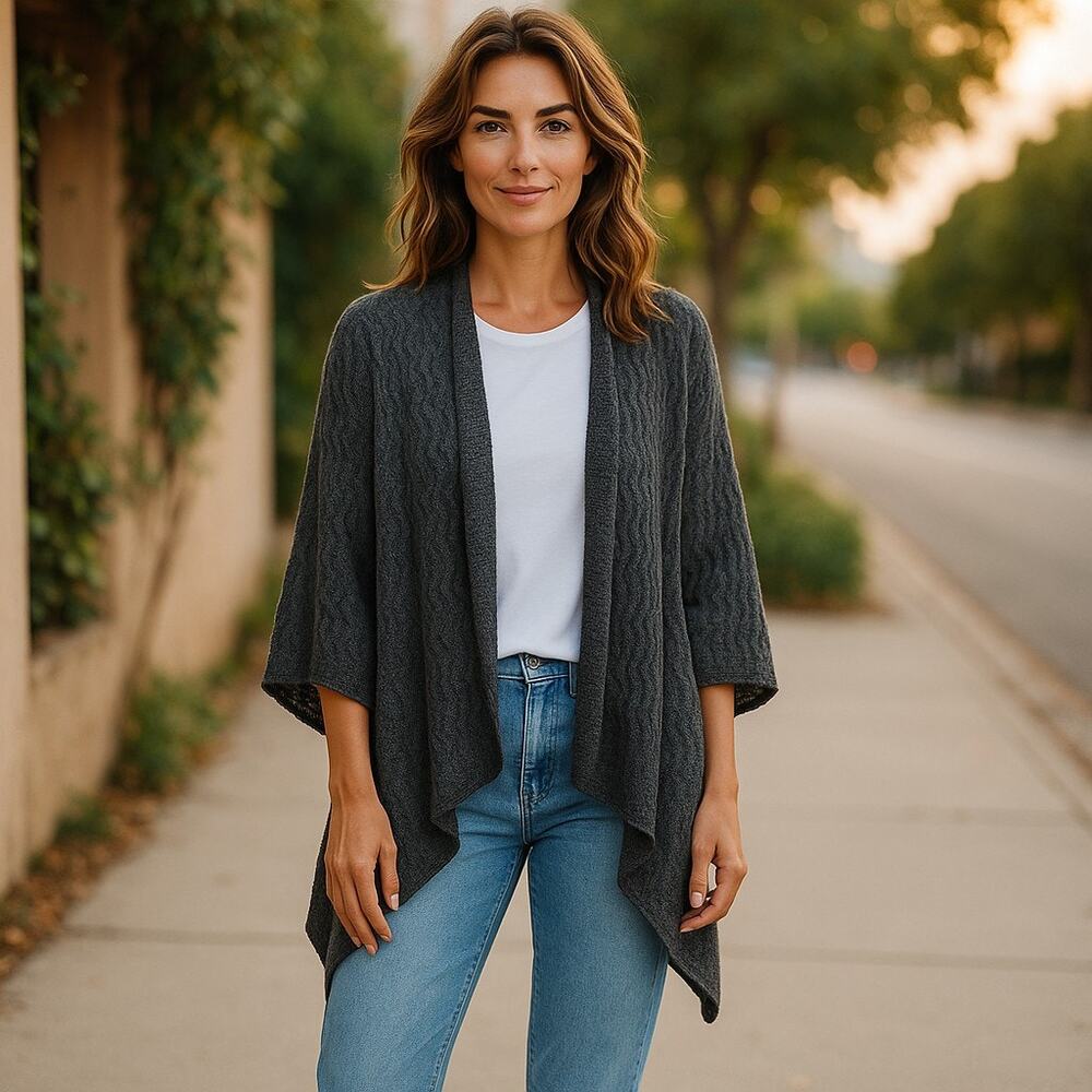Chico's Womens Cardigan Sz 1 M 8 10 Gray Black Waterfall Sweater Open Front